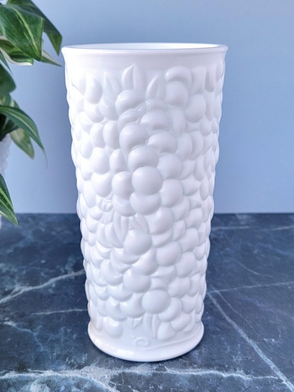Vintage Indiana Glass White Milk Glass Grape Pattern Vase  7.5 inch